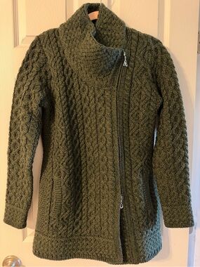 Aran Crafts Merino Wool Asymmetrical Zipper Irish Sweater in Army Green